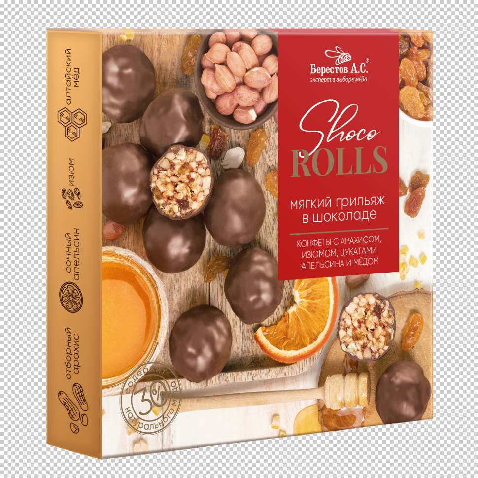  Берестов Shoco Rolls конфеты с арахисом, изюмом, цукатами апельсина и медом,  135г в Великом Новгороде